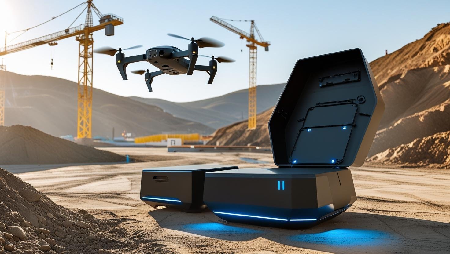 A sleek, matte black autonomous drone, with subtly glowing blue navigation lights, is captured mid-flight above a rugged outdoor construction site bathed in bright sunlight. The drone hovers near a futuristic, an