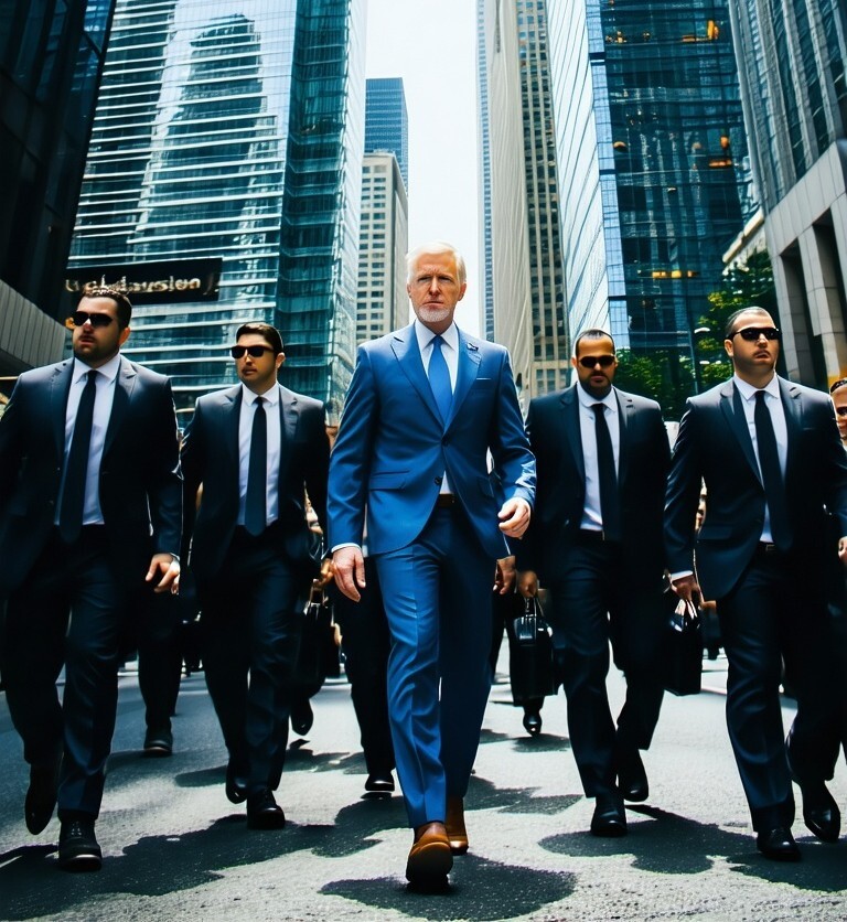 In the bustling heart of a vibrant city adorned with towering crystal skyscrapers that reflect the sunlight a group of security personnel closely surrounds an executive exuding an air of vigilance and authority The exec-1