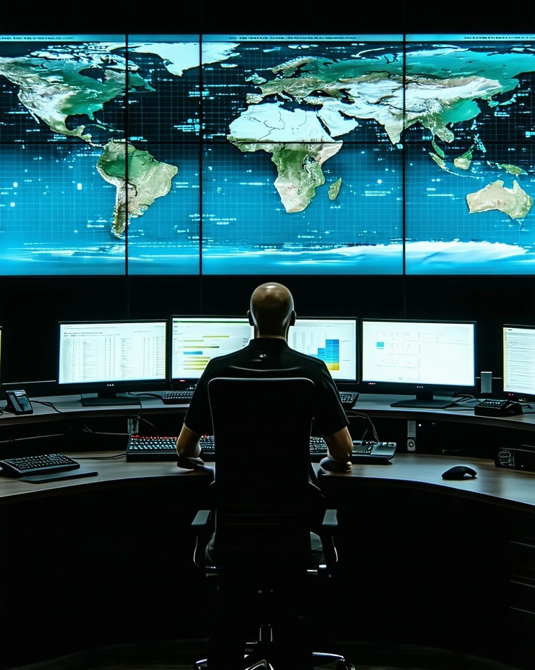 Futuristic security operations center with large digital screens displaying global maps live video feeds and data analytics A professional stands monitoring the information in a dark hightech control room with green ambient lighting symbolizing moder-1-1