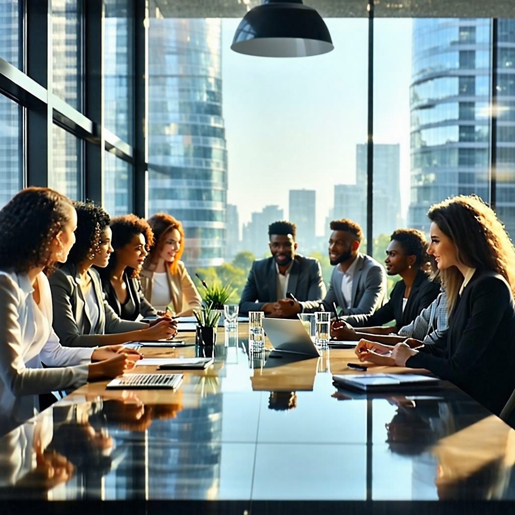 In a modern sunlit boardroom nestled within a sleek glass building a diverse group of professionalsrepresenting various backgrounds ethnicities and gendersgathers around a polished conference table They engage in animated discussions exchanging ideas-1