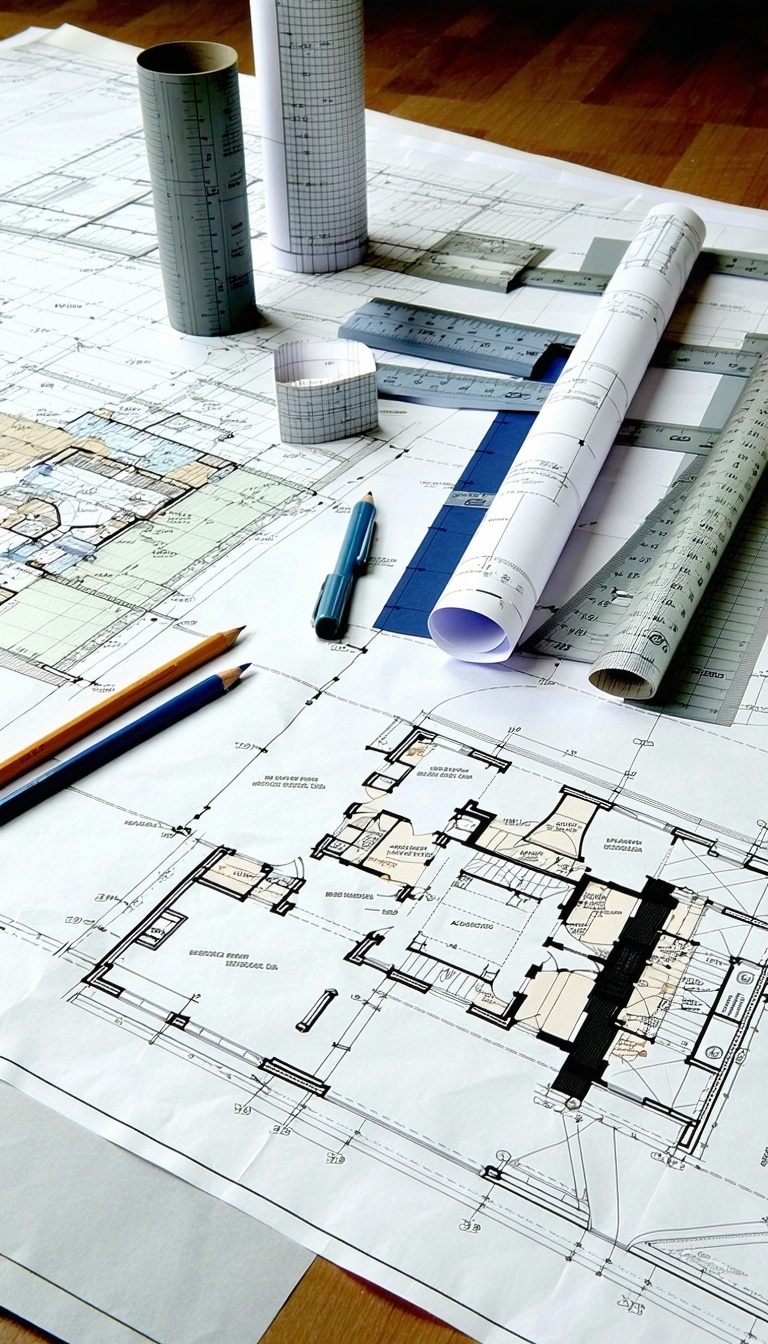 The architectural plans are meticulously laid out on a large drafting table showcasing detailed blueprints and schematics of a building or structure Surrounding the plans are various essential tools of the trade including precision pens with differen-1