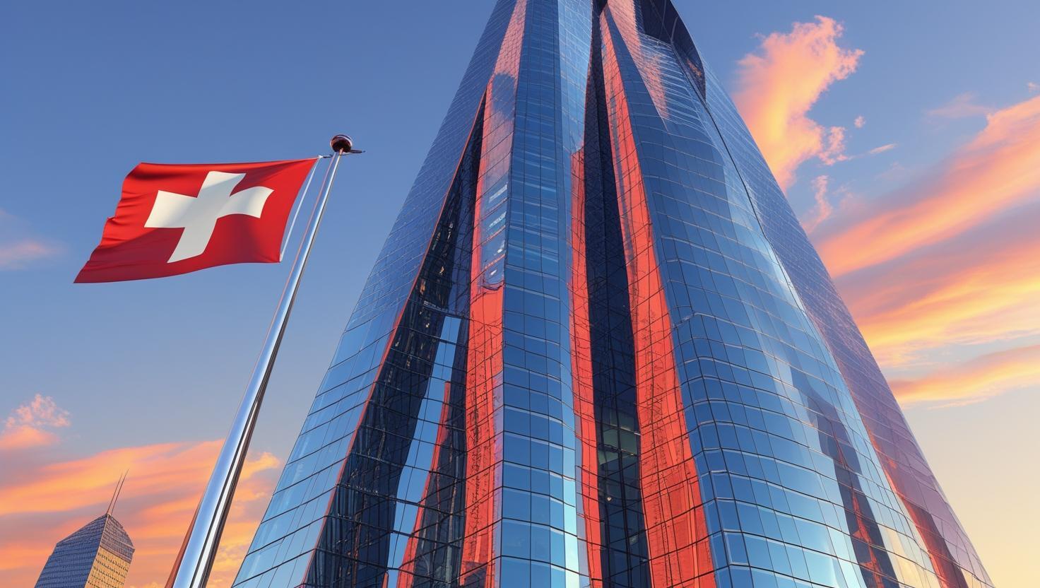 A modern, gleaming glass skyscraper, reflecting the city skyline, with a crisp, clean Swiss flag with the withe cross in the middle, proudly displayed atop its spire.  The image should be rendered in a photor (1)