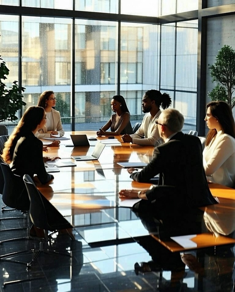 In a modern sunlit boardroom nestled within a sleek glass building a diverse group of professionals representing various backgrounds ethnicities and genders gathers around a polished conference table They engage in anim